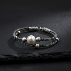 Eskitme Gri Tek Inci Dorika Gumus Kazaziye Bileklik 13