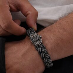Handcrafted Silver Mens Bracelet with Embroidered Clasp 4