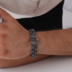 Handcrafted Silver Mens Bracelet with Embroidered Clasp 5