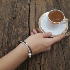 Siyah Beyaz Tek İnci Dorika Gümüş Bileklik-999 Ayar Kazaziye