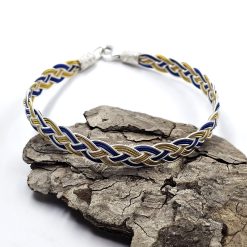 Yellow dark blue and white handknitted silver bracelet 11