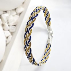 Yellow dark blue and white handknitted silver bracelet 14